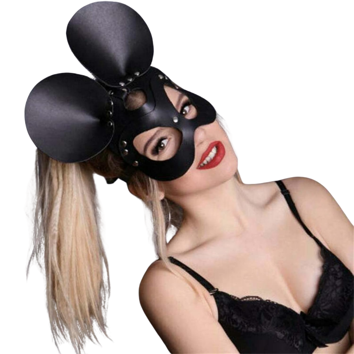 Máscara De Cuero Ratón Mouse Cosplay Hood Bdsm Negro
