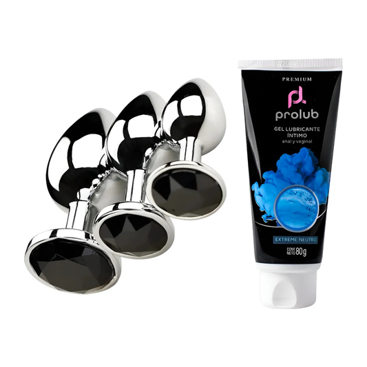 Combo Onyx con plugs anales plateados y lubricante Prolub 80 g
