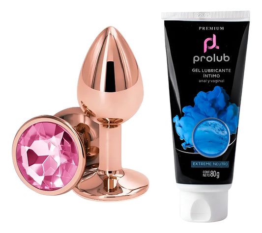 Combo plug anal oro rosado con gema azul y lubricante Prolub 80 g