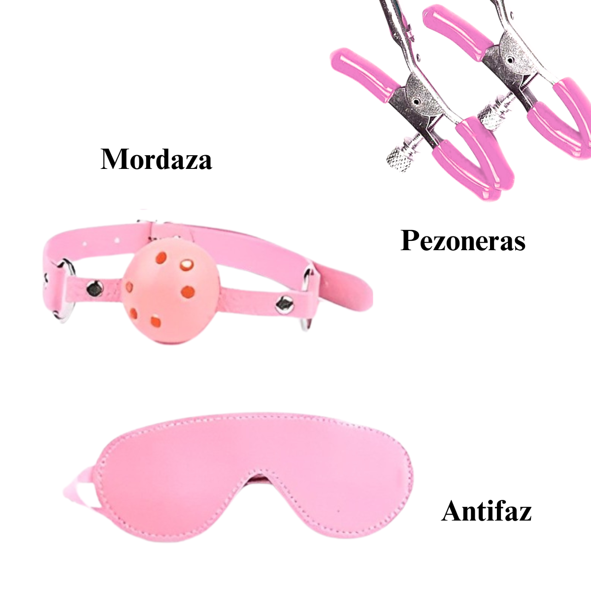 Set erótico con esposas, antifaz y látigo