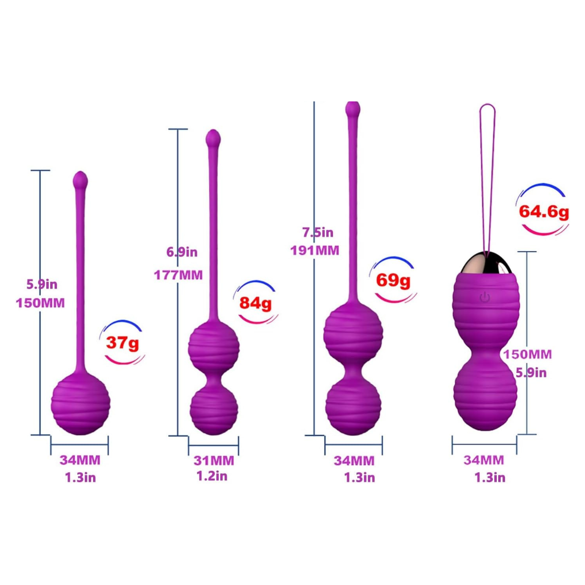 Set 4 Bolas Kegel Control Remoto Vibrador Recargable Bolsito