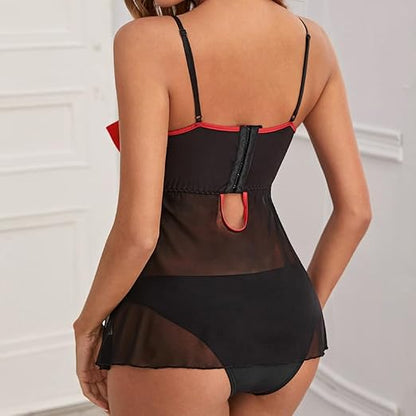 Babydoll Sensual Negro con Moño Rojo y Tanga