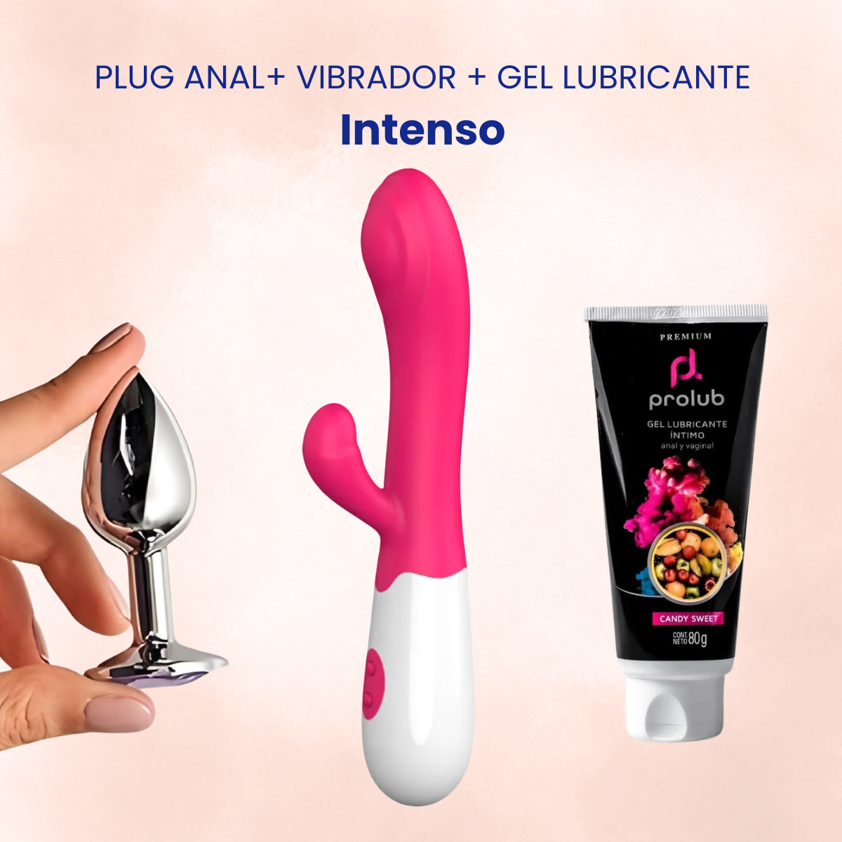 Kit Dildo Vibrador + Plug Anal Metal + Gel Lubricante
