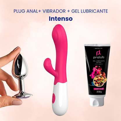 Kit Dildo Vibrador + Plug Anal Metal + Gel Lubricante