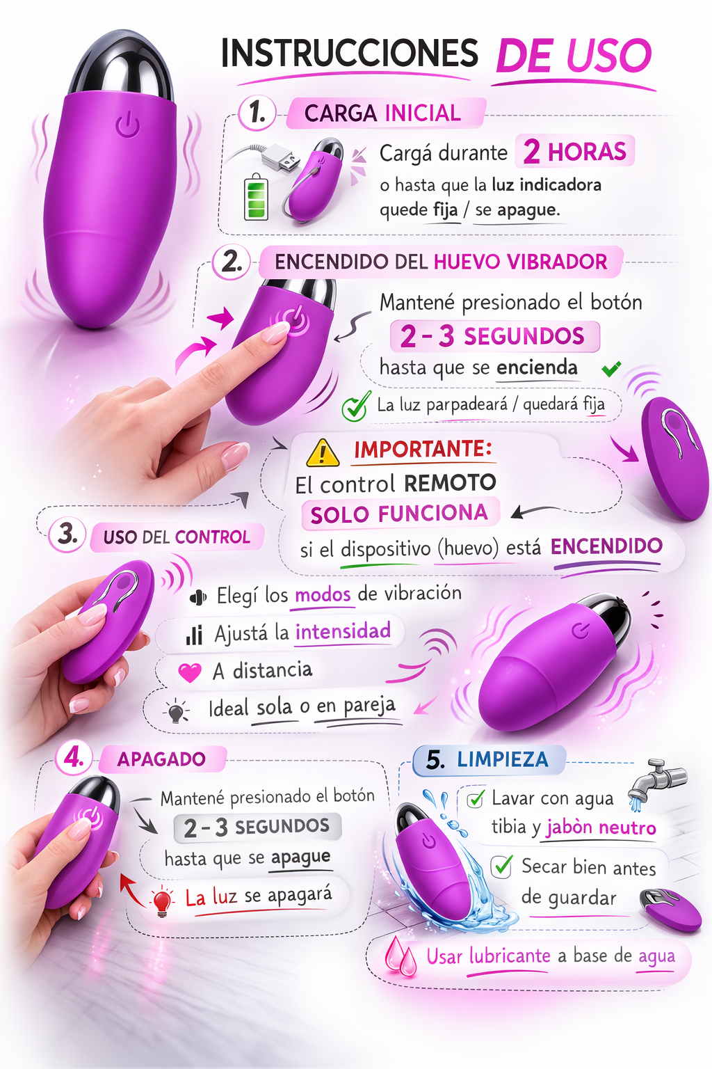 Violeta - Bala Vibradora Con 10 Velocidades Silenciosa Impermeable Usb.