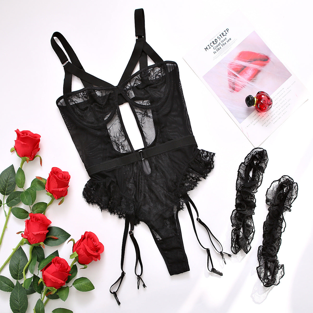 Body Sensual Encaje Negro con Portaligas y Liguero