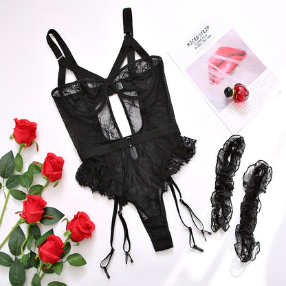 Body Sensual Encaje Negro con Portaligas y Liguero