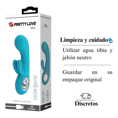 Vibrador Chris recargable por USB con cable incluido, diseño ergonómico y batería duradera.
