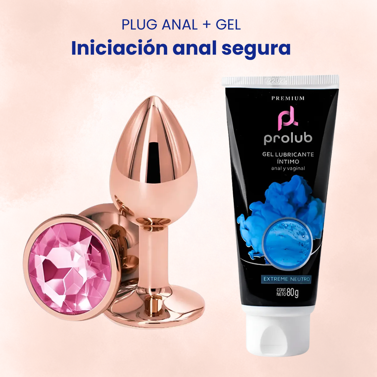 Combo plug anal oro rosado con gema azul y lubricante Prolub 80 g