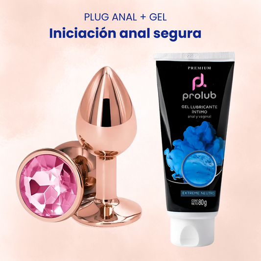 Combo plug anal oro rosado con gema azul y lubricante Prolub 80 g
