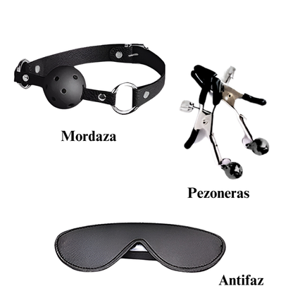 Set erótico con esposas, mordaza y antifaz