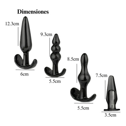 Kit Éxtasis de plugs anales con diferentes grosores para principiantes y expertos.
