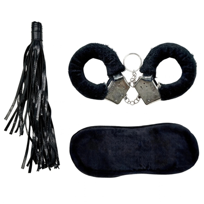 Set S&M Vision con esposas de acolchado peludo, antifaz de satén y flogger de cuero negro