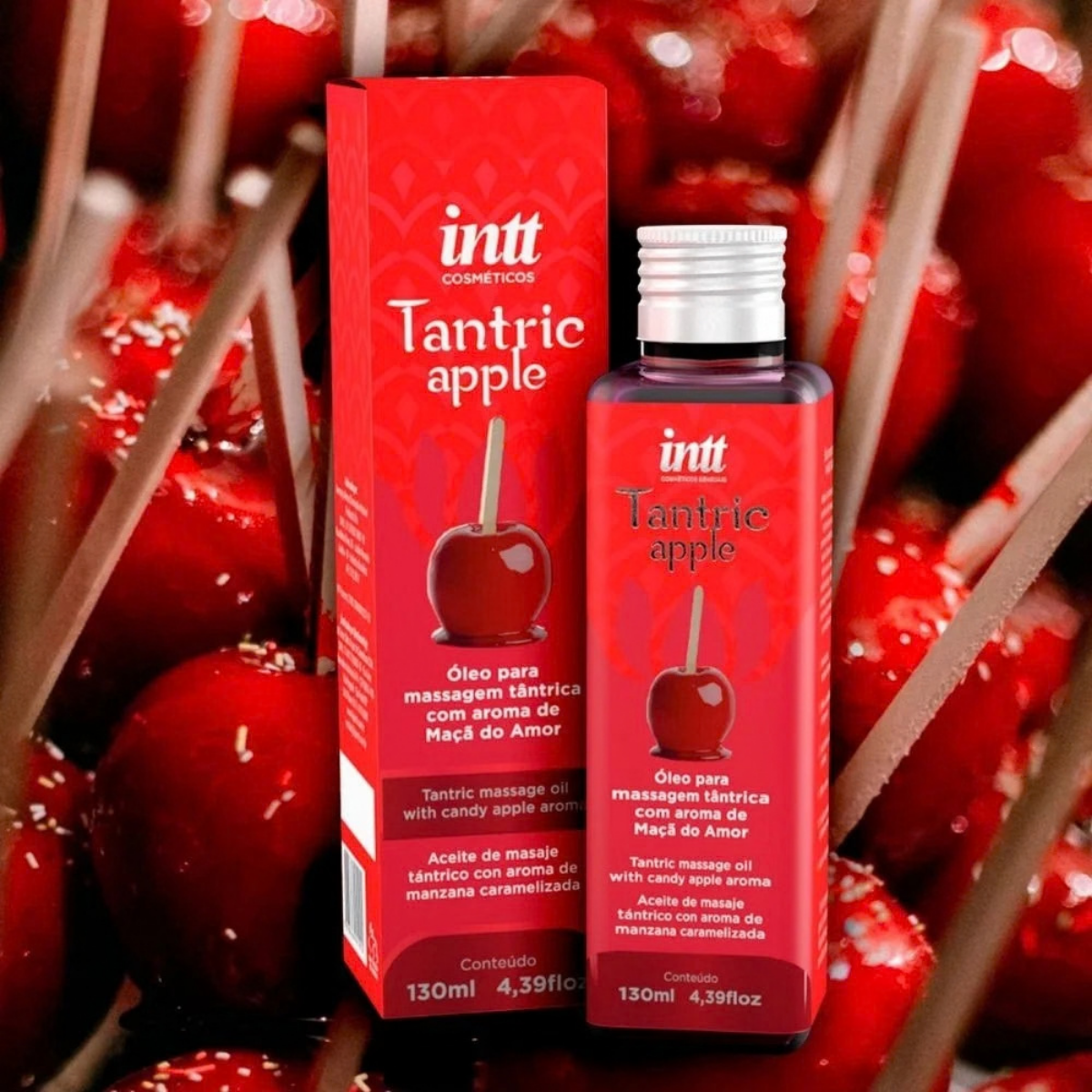 Presentación de 130 ml del aceite Tantric Apple con aroma a manzana del amor
