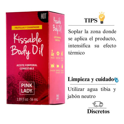 Textura del Aceite Íntimo PINK LADY con efecto térmico y comestible.
