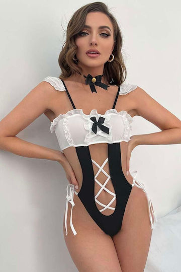 Body Mucama Sensual Blanco y Negro con Gargantilla